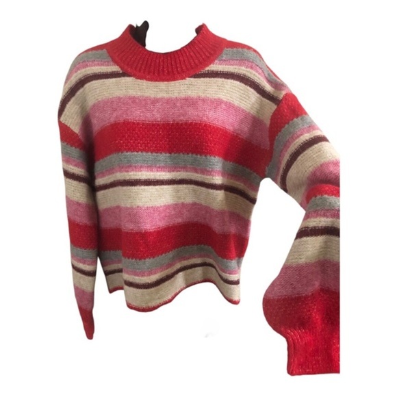 Jessica Simpson pink multi‎ striped fuzzy high crewneck sweater size small new - Picture 11 of 15